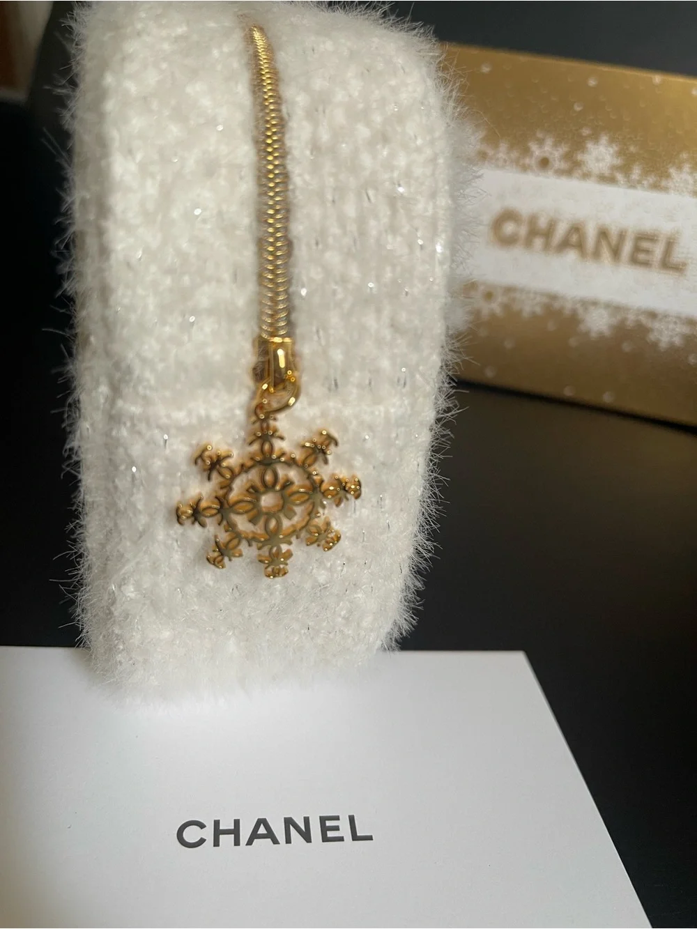 CHANEL Cream Faux-Fur Cosmetic Pouch with Gold Logo. Limited edition